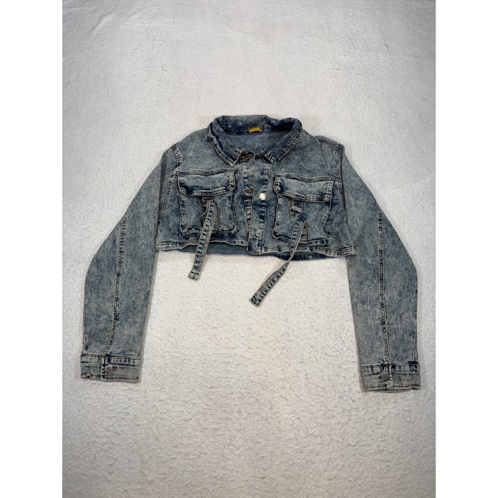 Daisy Acid Wash Cropped Denim Jacket Blue Distressed Utility Strap Accents